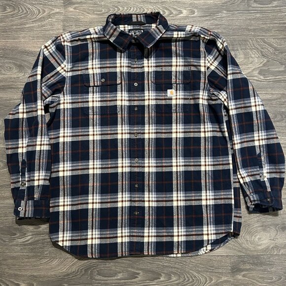 Carhartt 2XLT Loose Fit Heavyweight Flannel Long Sleeve Plaid Shirt Navy 105078 - Picture 3 of 11